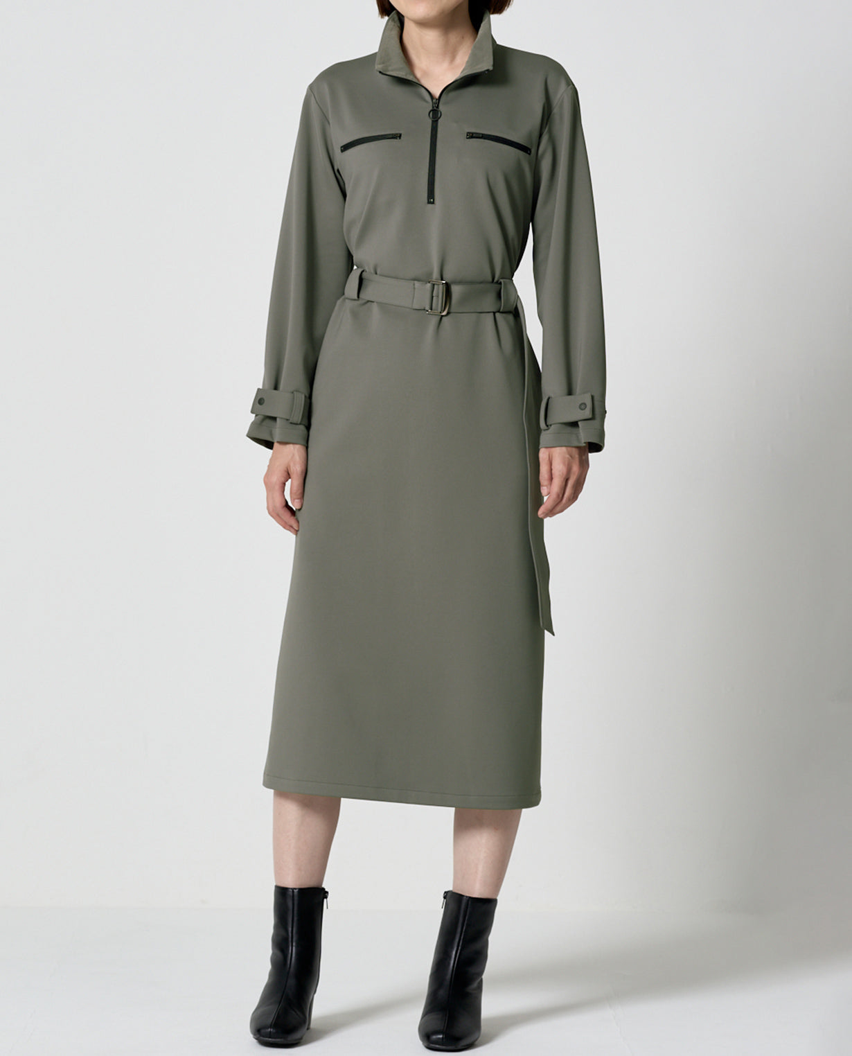 0202_D ダンボールニット ベルト付きZIP UPワンピース (スチールグレー