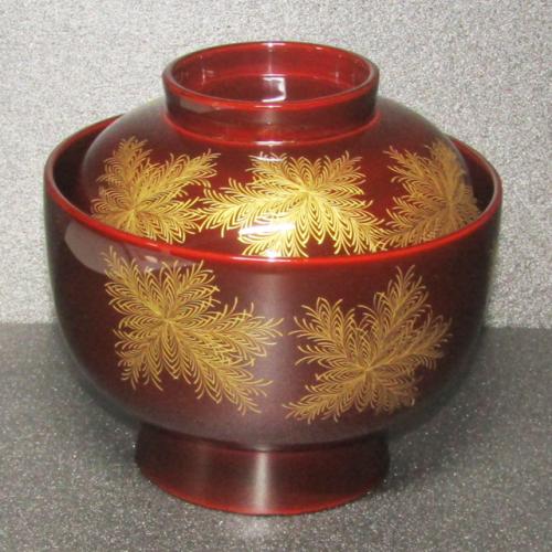 輪島塗 雑煮椀 布袋形 -しのぶの沈金仕上げ (外面)- [内外面とも朱タメ