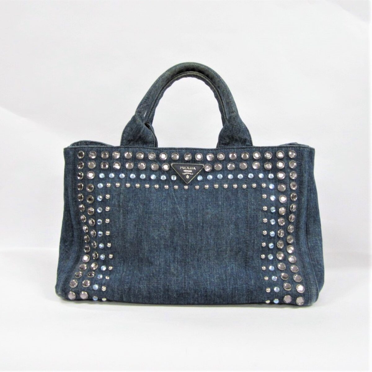 PRADA プラダ カナパ Mサイズ ビジュー スタッズ デニム ブルーB24390