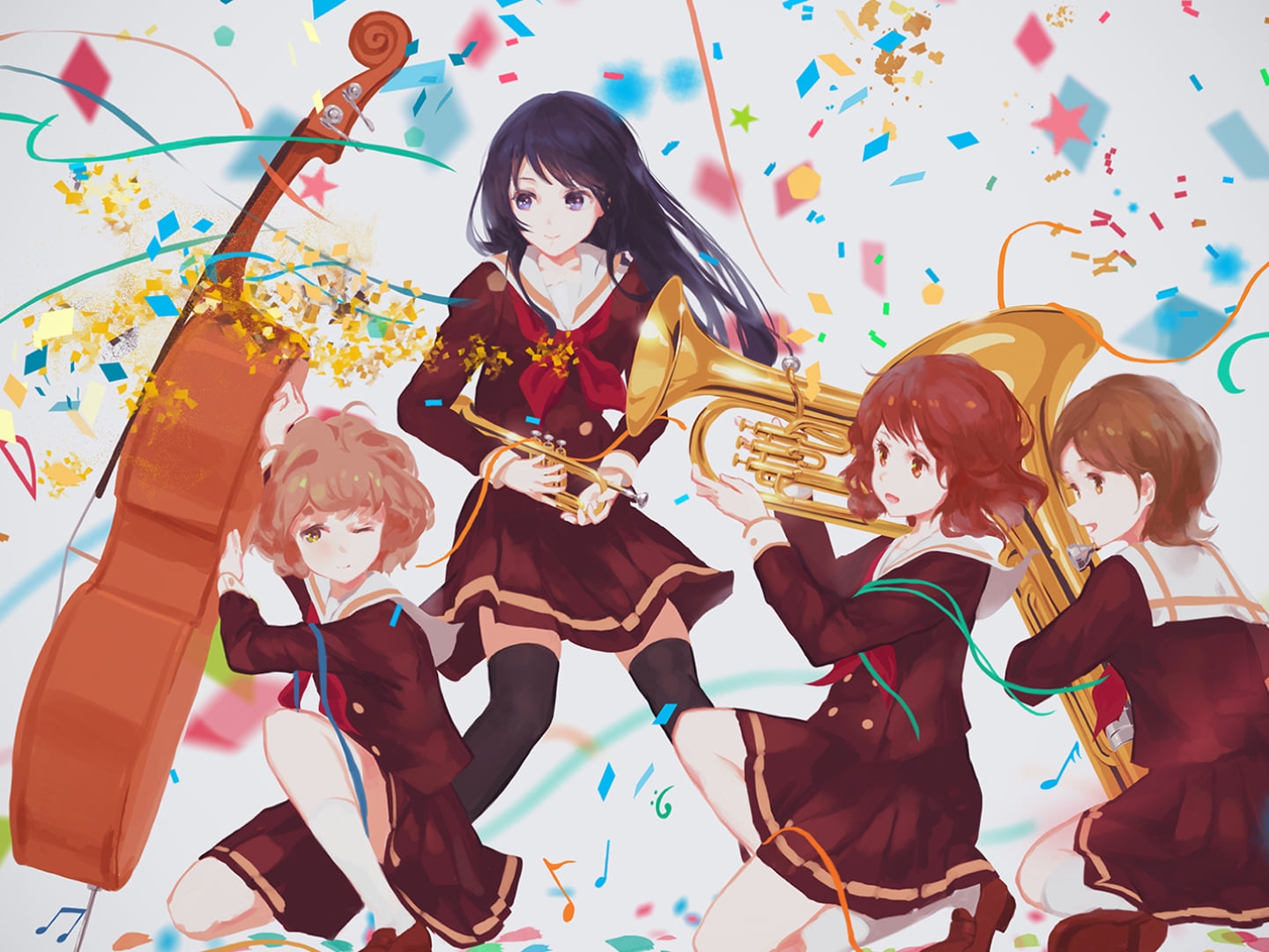 カラフルな紙吹雪と楽器を持つ高坂麗奈 / 黄前久美子 / 加藤葉月