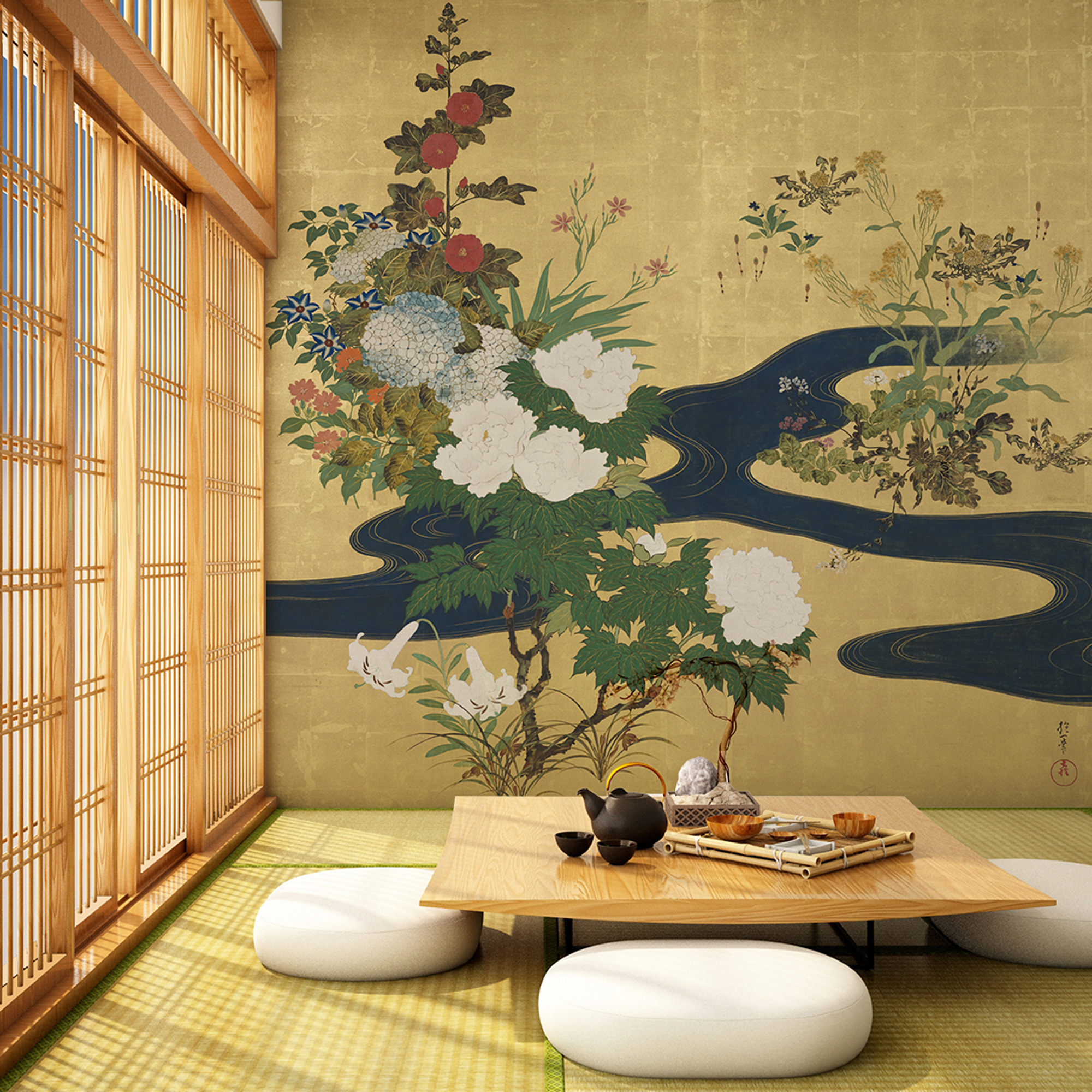 世界の名画】KJ-0136 流水四季草花図屏風/酒井抱一 - 和風・和モダンの