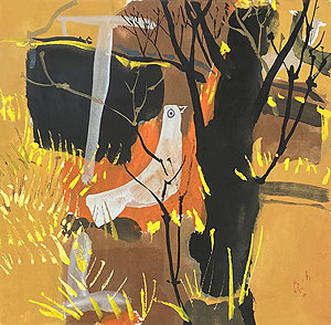 早川義孝「林の中で見つけた夜」水彩25×25cm