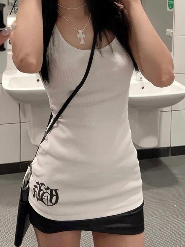 Y2Kギャルホワイトプリントクロスデザインタイトキャミソール