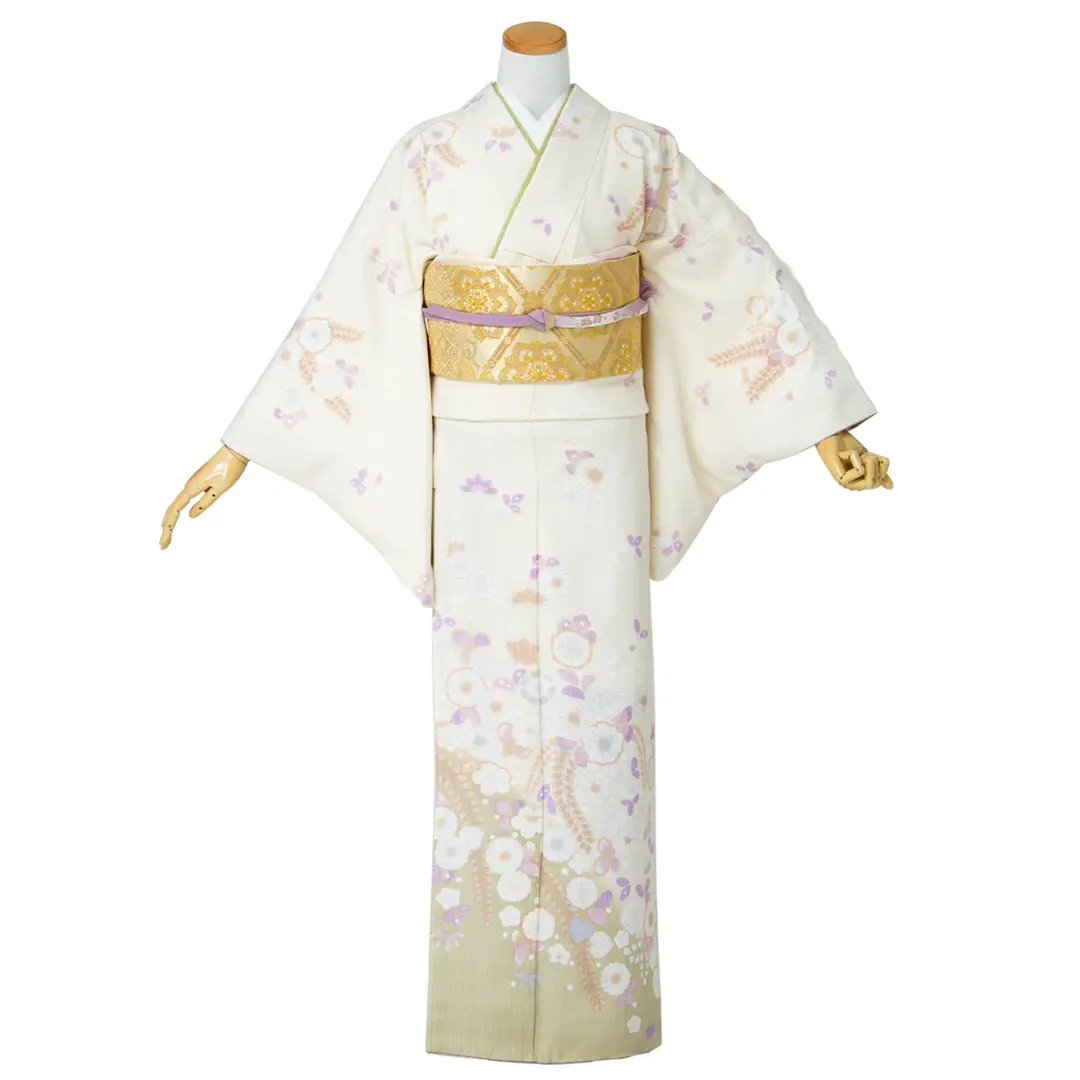 鶸色に藤の訪問着(袷)（ポリエステル） | 宅配着物レンタルの京都かし