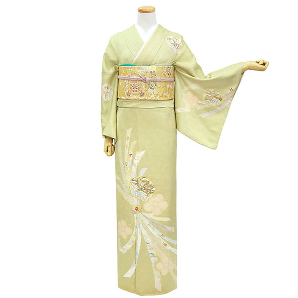 若芽色に束ね熨斗とねじ梅の付下訪問着(袷) | 宅配着物レンタルの京都