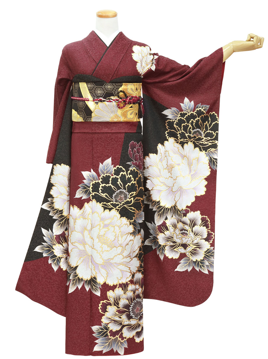深紅と黒地に金糸の牡丹の振袖／標準サイズ | 宅配着物レンタルの京都