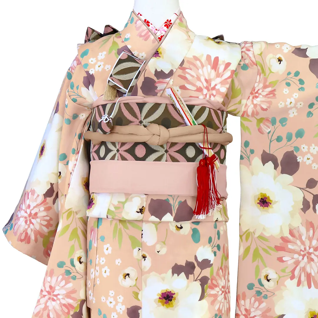 花わらべ》レトロフラワー・ピンクベージュの着物／七五三・七歳女の子