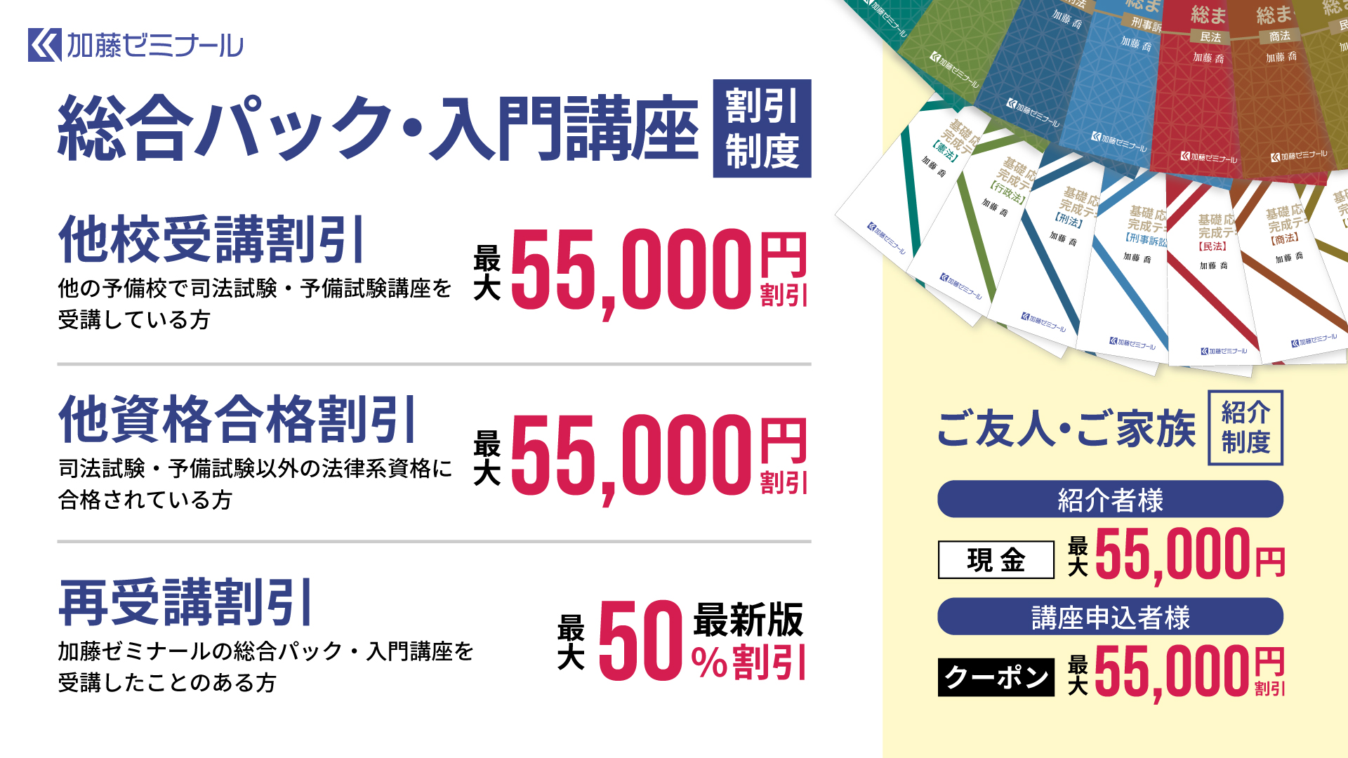 総合パック・入門講座の割引制度 最大55,000円引き | 加藤喬の司法試験