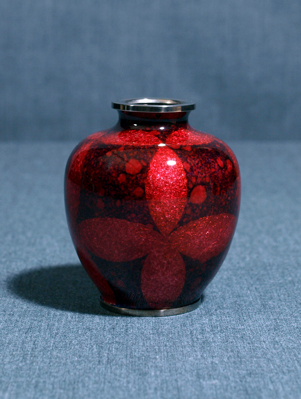 七宝花瓶 赤 佐藤七宝店謹製 七宝花瓶 赤透四君子文 台座付 共