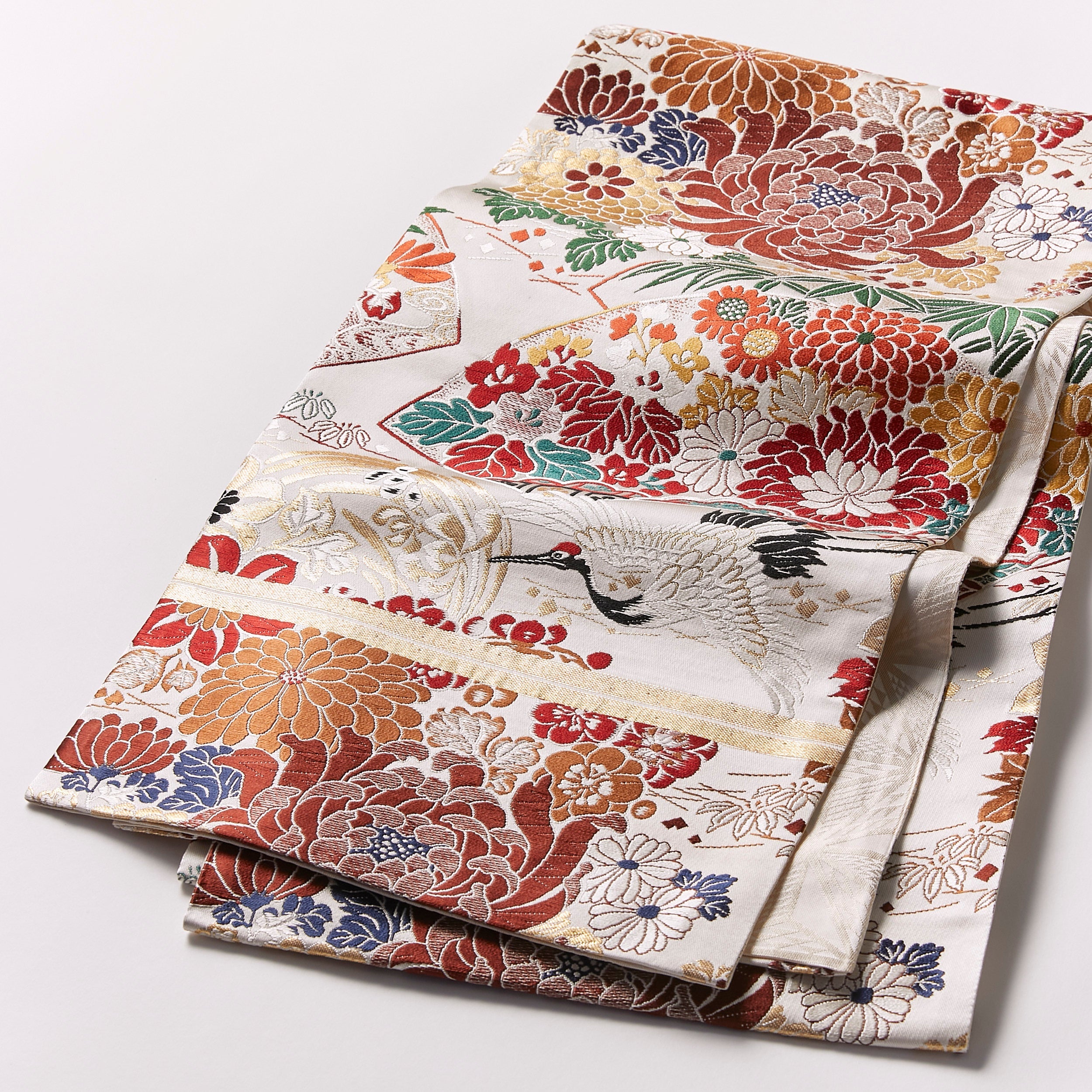 袋帯｜ 菊花鶴 白｜西陣織｜正絹｜アンティーク復刻柄（仕立て代込み）