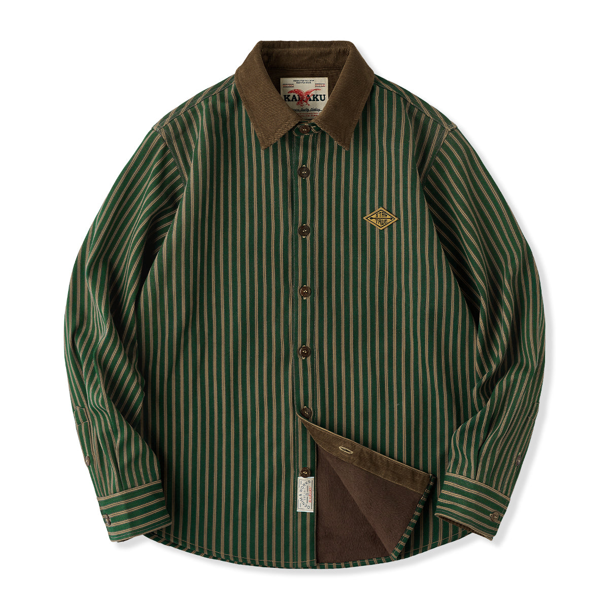 STAY TRUE」刺繍ワッペン コーデュロイ切替裏フリースストライプシャツ