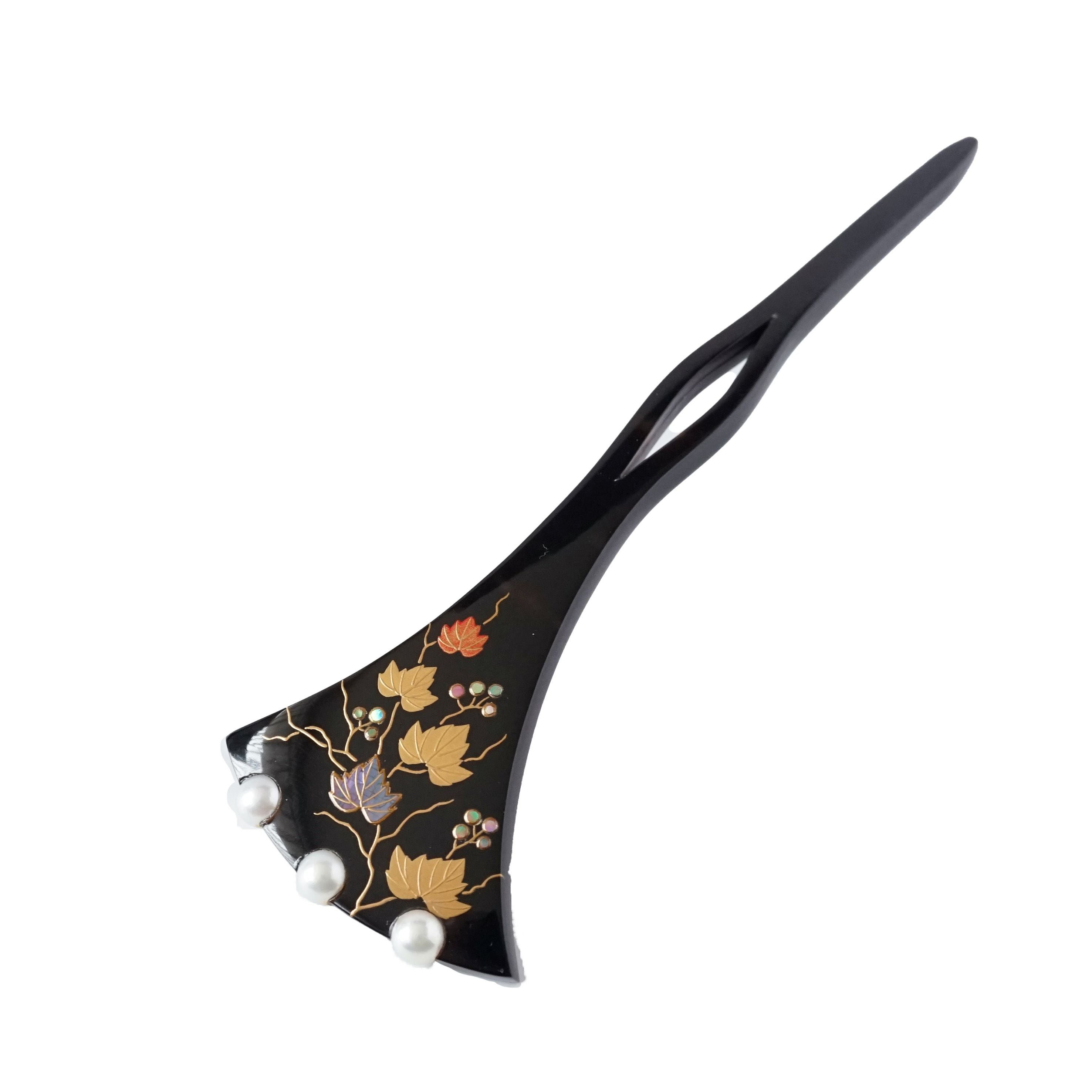 本べっ甲 純金蒔絵螺鈿かんざし 蔦文様（パール付き）バチ型 | かづら