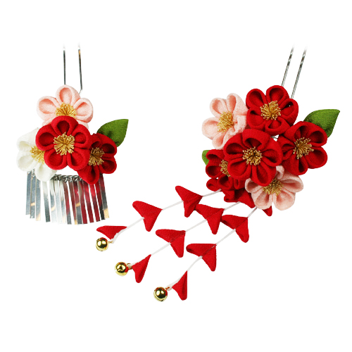 七五三 四輪梅びら付きかんざし（赤・白・ピンク） | かづら清老舗