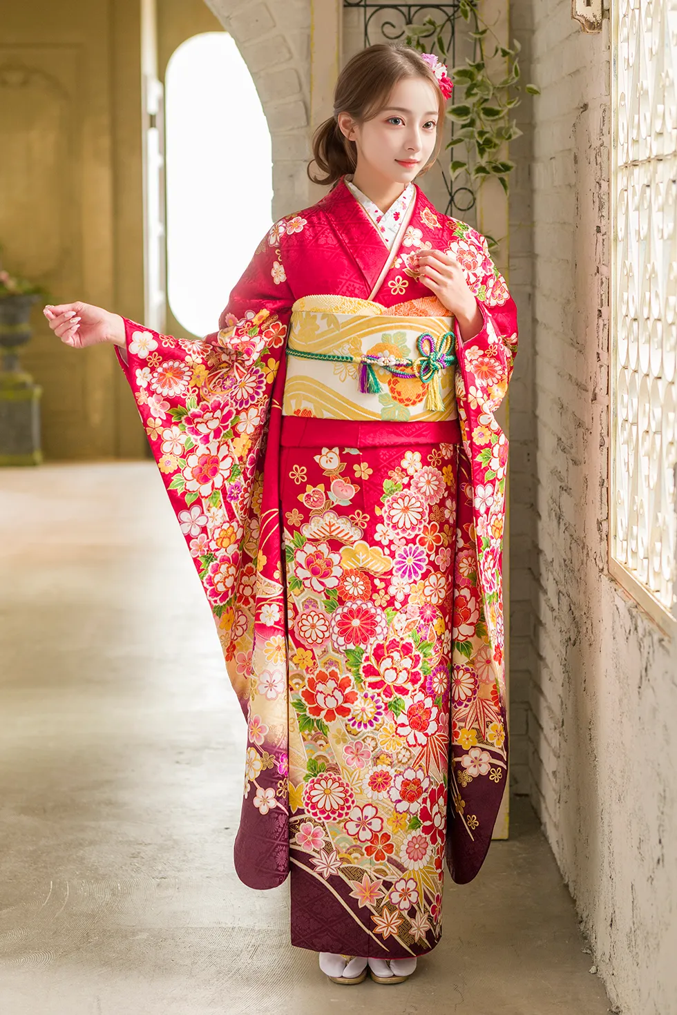 赤地ぼたん菊手まり［FS0890］ – 袴・振袖レンタルのエイトグループ