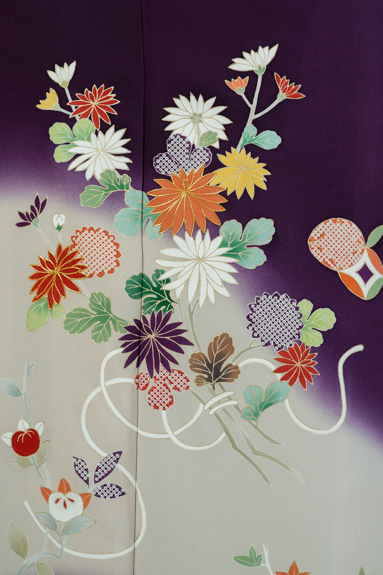 最高級訪問着レンタル】京友禅・濃紫とベージュのぼかし 四季草花柄 M