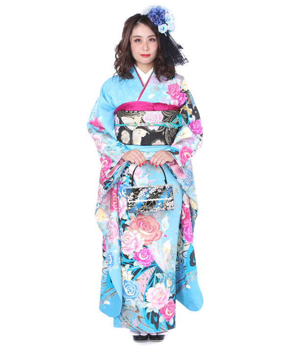 振袖レンタル｜水色に蝶バラ｜F0100｜L｜宅配着物レンタル・一式フル