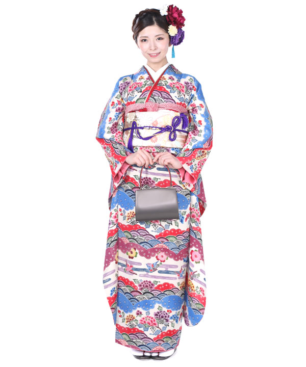 振袖レンタル｜紅型青海波雲取り｜F0154｜LL｜宅配着物レンタル・一式