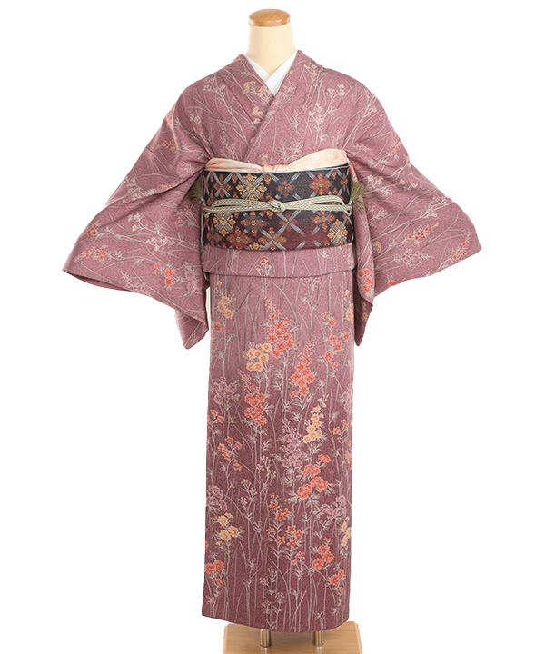 小紋レンタル｜薄小豆のたたき染めに花々｜H0390｜M｜宅配着物レンタル