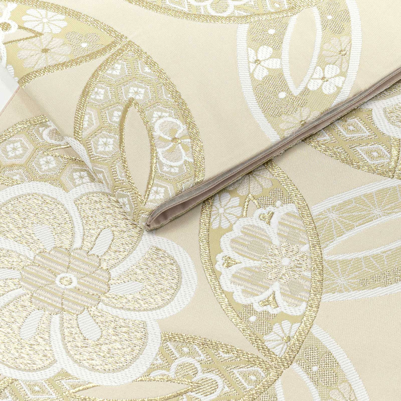 振袖 袋帯 単品「象牙色地、白金×砂色 ねじ花に七宝」六通柄 日本製 お