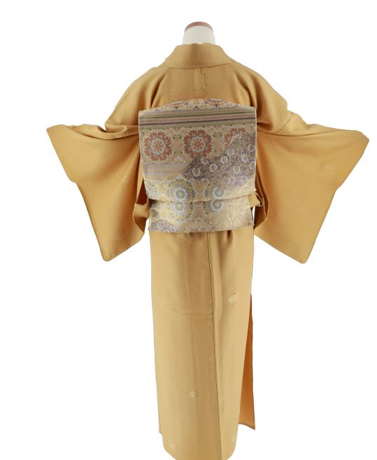色無地【6・9月用、単衣】黄土色・山吹に斜めひし形[身長159cmまで]No