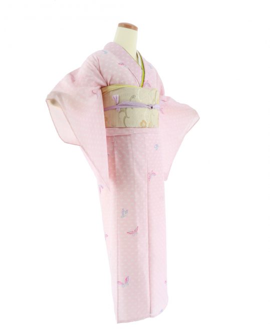 真夏用小紋【7・8月用・絽】ピンクに白・蝶・絞り風[身長163cmまで]No