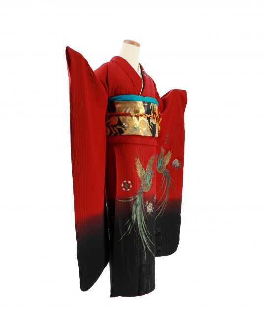 成人式振袖[シンプル古典][個性的]赤×黒に椿と鳳凰[身長162cmまで]No