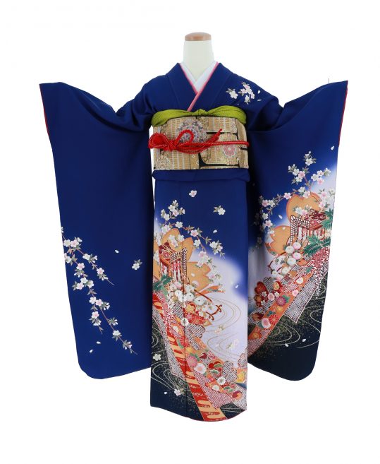 成人式振袖[王道古典]紺に桜と御所車[身長161cmまで]No.511｜着物