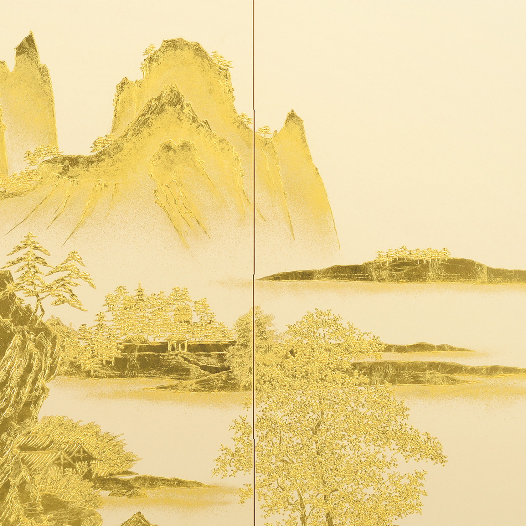 四つ折り屏風 日本画 金箔彩色 ススキ・小菊に鶉 四つ折り屏風 日本画