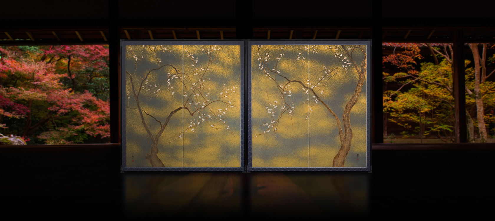 老梅図 屏風(二曲一双屏風) - 金屏風 屏風 の通販(通信販売) KIN BYOBU