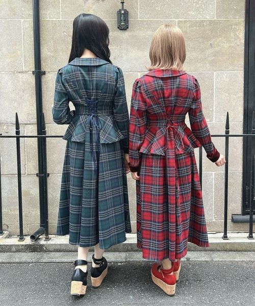 別珍ラペルペプラムチェックワンピース/an another angelus