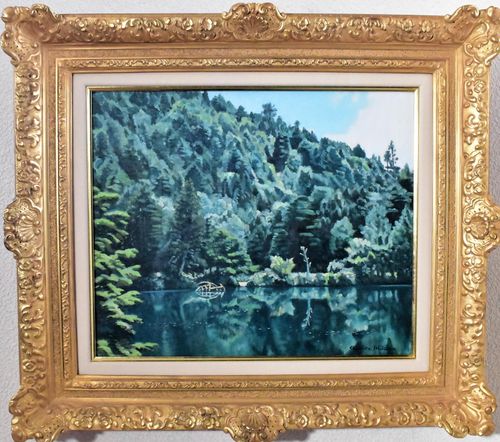 石川滋彦 「山湖 夏の日 志賀高原」 油彩 F8号 真作保証 緑陰の人気