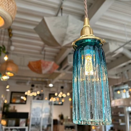 安土草多 ペンダントライト 照明 吹きガラス 鳴門細筒瓶（青透き被せ