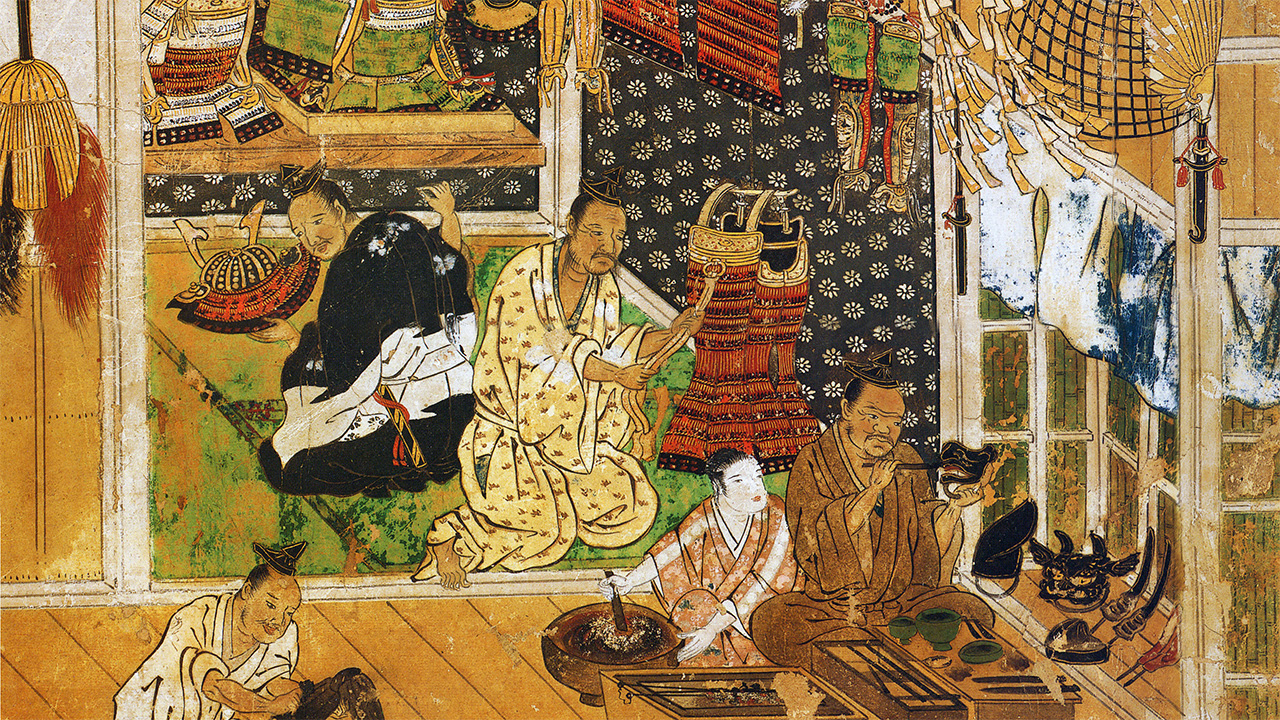 額装正絹染め江戸時代風俗絵「職人尽絵・機織図（しょくにんづくしえ