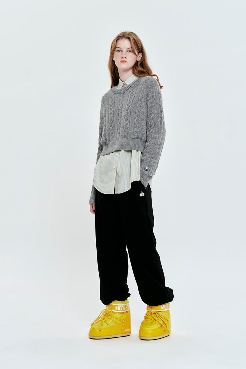 チェリーVネッククロップケーブルニット【メランジグレー】