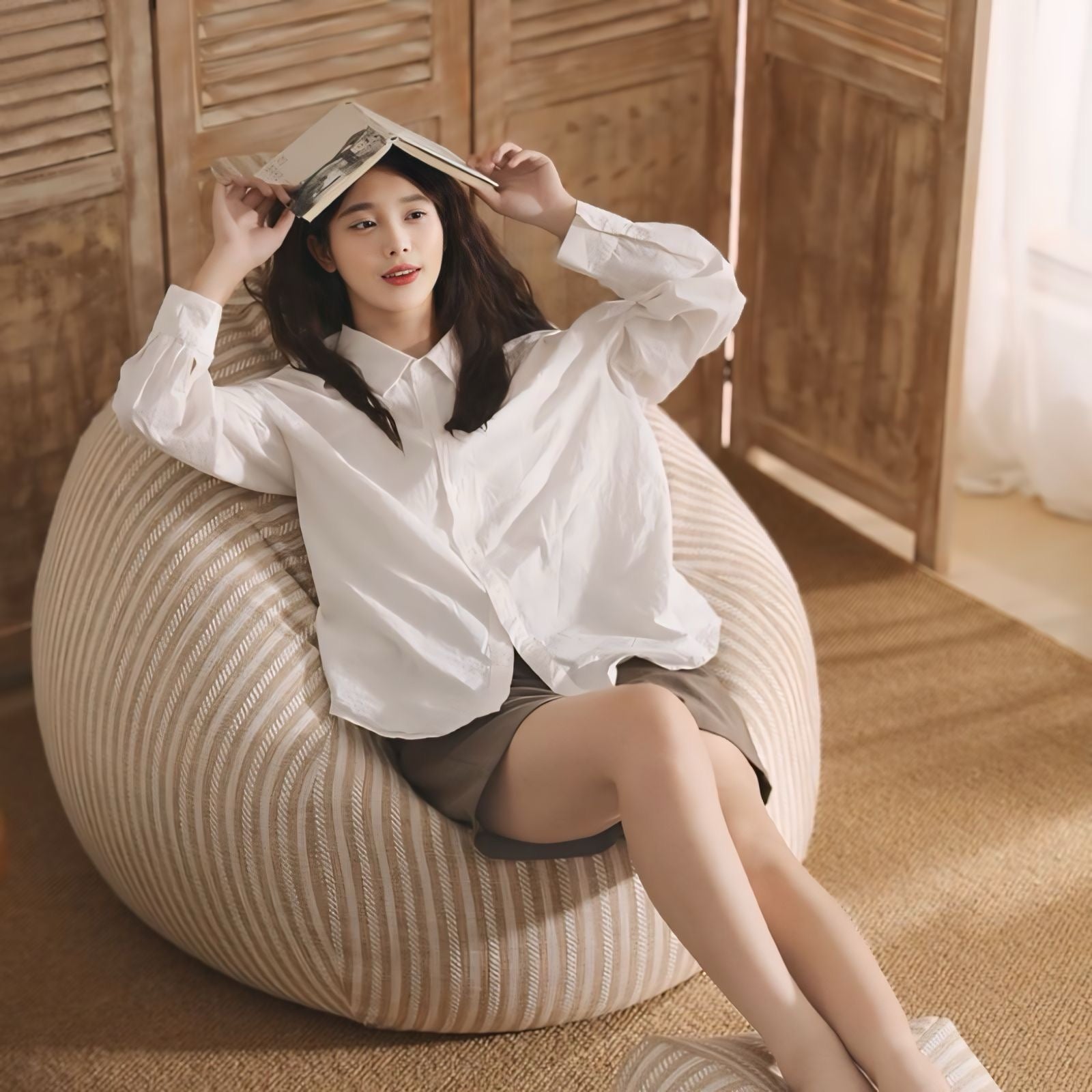 一人掛け細ストライプビーズクッションソファ – kocol