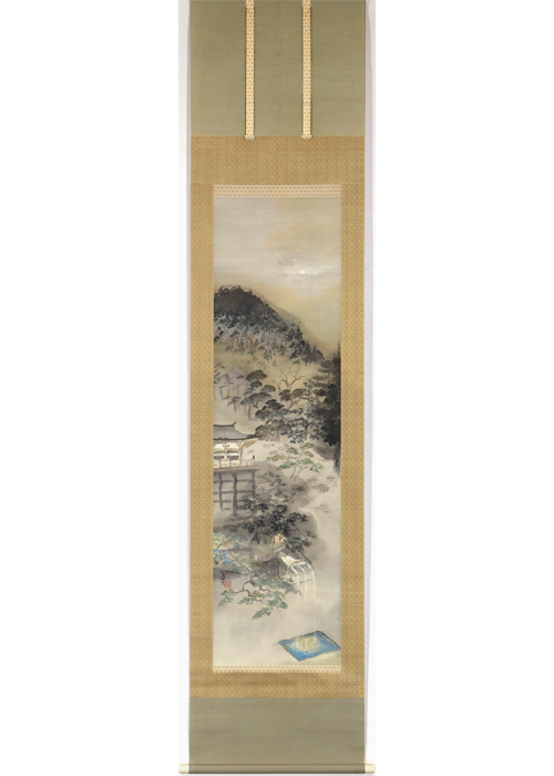 富田渓仙 絹本着色【秋景紅葉乃瀧】 渓仙自題箱 二重箱肉筆画 真作保証