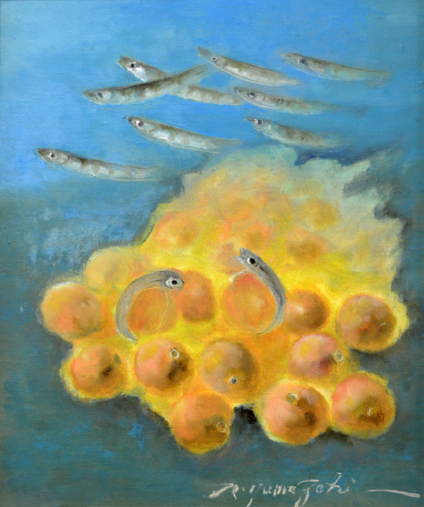 山崎隆治「稚魚誕生」油絵・F8号 絵画買取・販売の小竹美術
