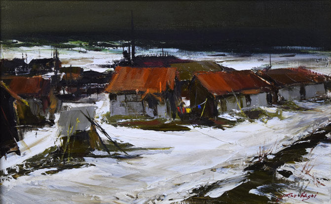 葛西四雄「北の漁村」油絵・M10号 絵画買取・販売の小竹美術