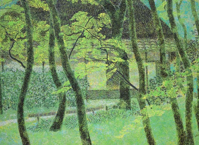 勝田幸男「新緑祇王寺（京都）」粒画 絵画買取・販売の小竹美術