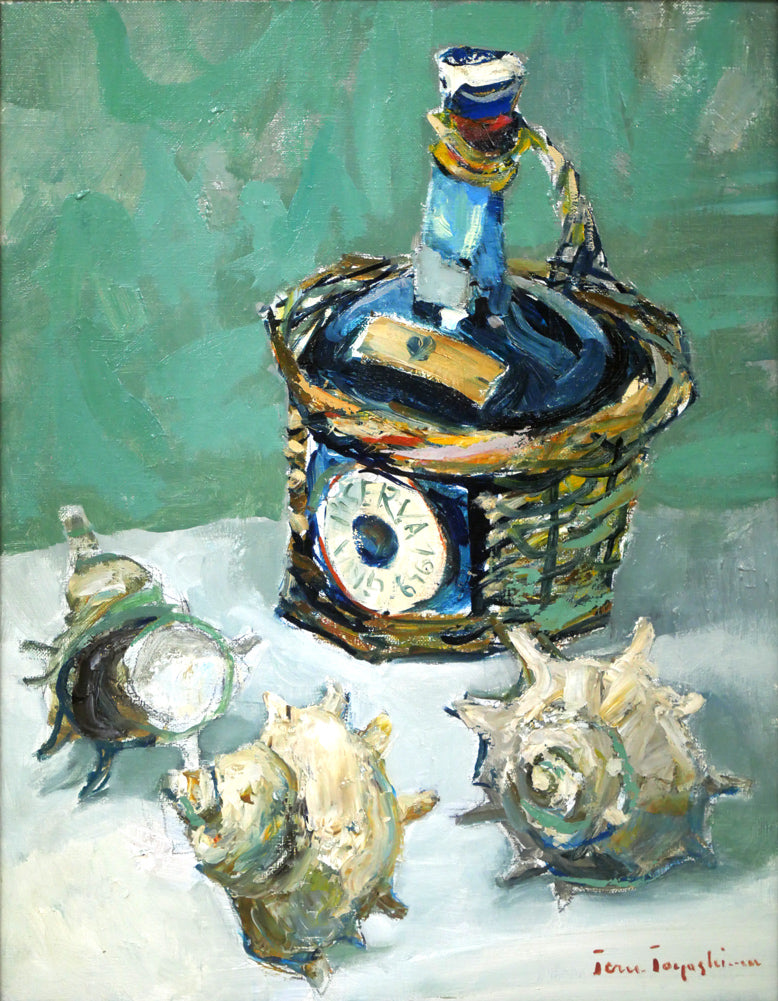 豊島輝彦「洋酒ビンのある静物」油絵・F6号 絵画買取・販売の小竹美術