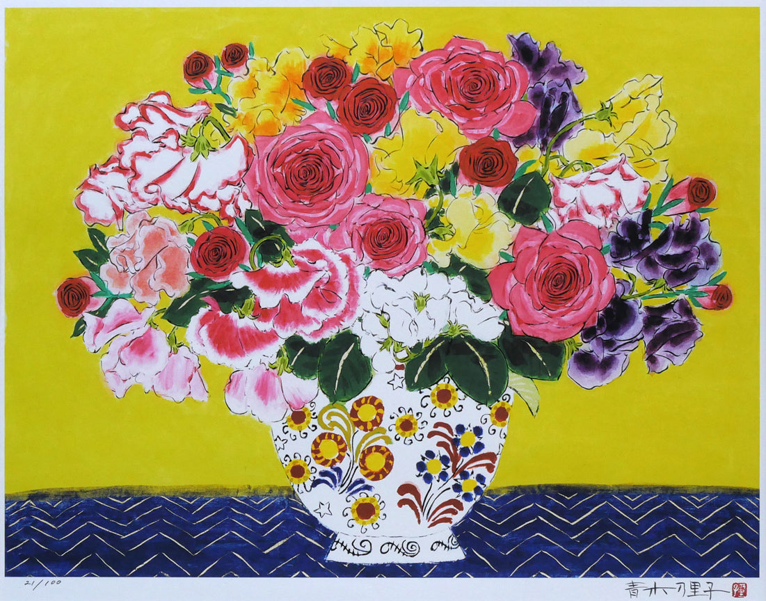 青木乃里子「スイートピーと薔薇」ジクレー版画 絵画買取・販売の小竹美術