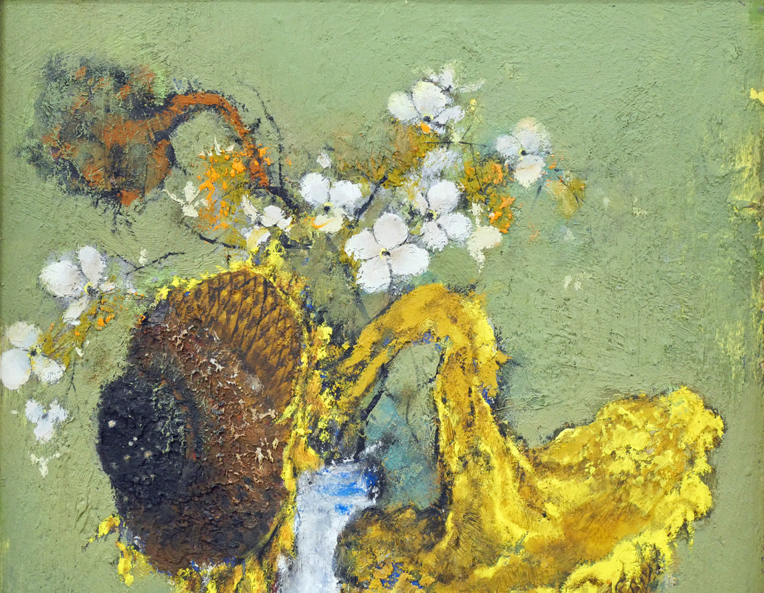 佐々木栄松「枯れたひまわりとサビタの花」油絵・F4号 絵画買取・販売