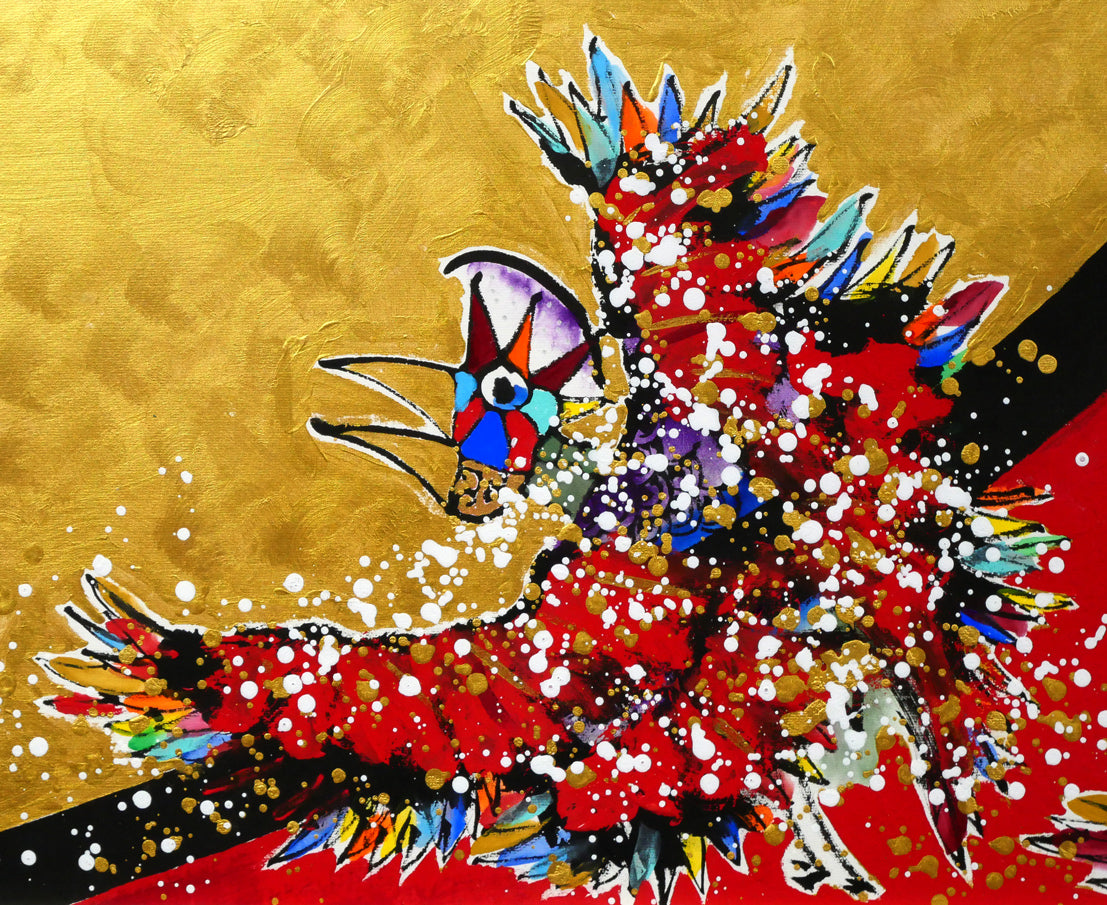 城本敏由樹「福鳥と赤富士（天上天下唯我独尊）」墨・彩色画・60号大