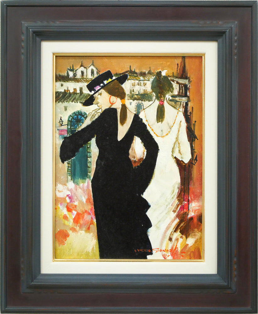 油絵 菅家令子 絵 絵画インテリア額付(青緑＋金色の枠) F4-071412女性