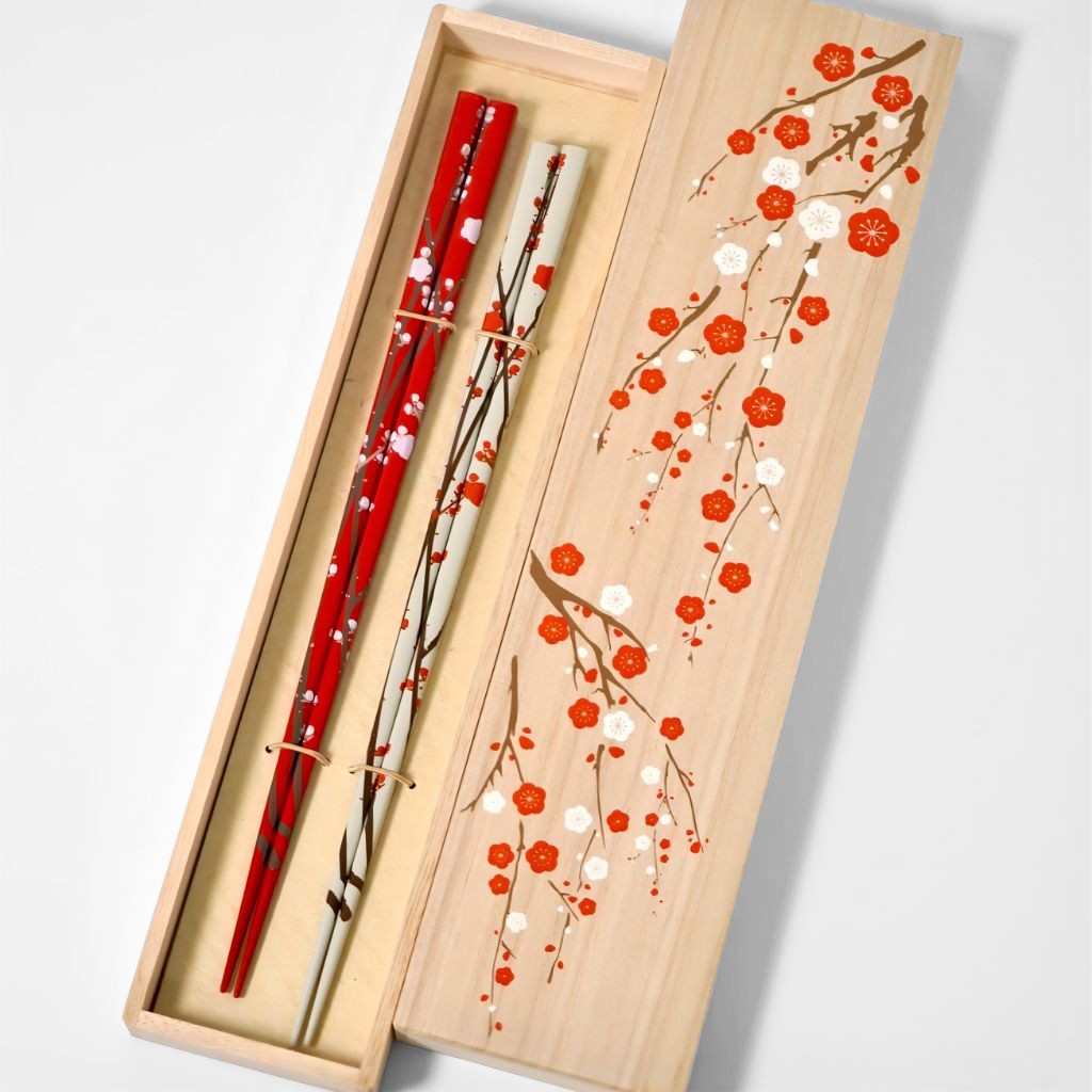 Rimpa 梅紅白ペア 食洗機対応 箸 – 漆器 高翆