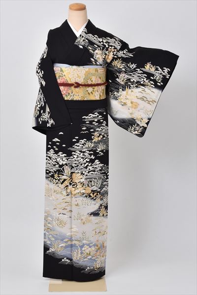 訪問着(黒地・御所解模様)｜着物レンタルあき (来店着付け無料・全国