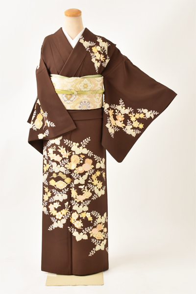 訪問着[茶色・花々]｜着物レンタルあき (来店着付け無料・全国配送無料)