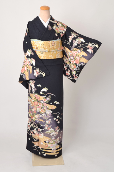 訪問着［京友禅・墨色の花模様］｜着物レンタルあき (来店着付け無料