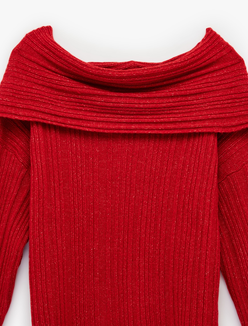 Kırmızı Kadın Uzun Kollu Omzu Açık Oversize Örgü Kazak 6WAK90582HT