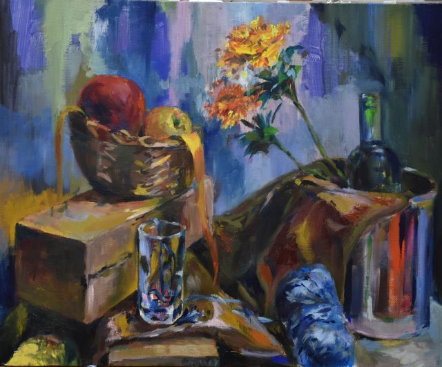 絵画 インテリア 額付(青緑＋金色の枠) 油絵 uF6-061504 静物 果物